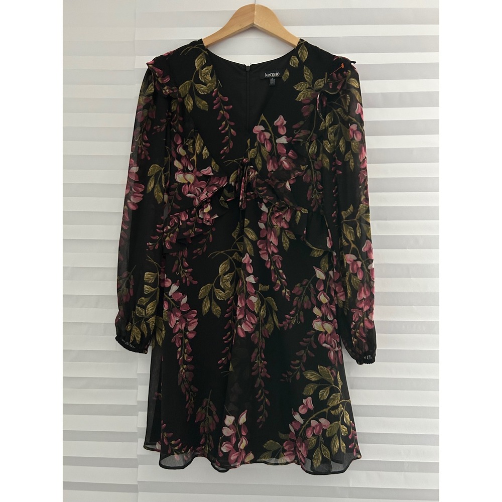 Kensie Floral Chiffon‎ Mini Dress Whimsical Ruffle Long Sheer Sleeve 4 Cottage